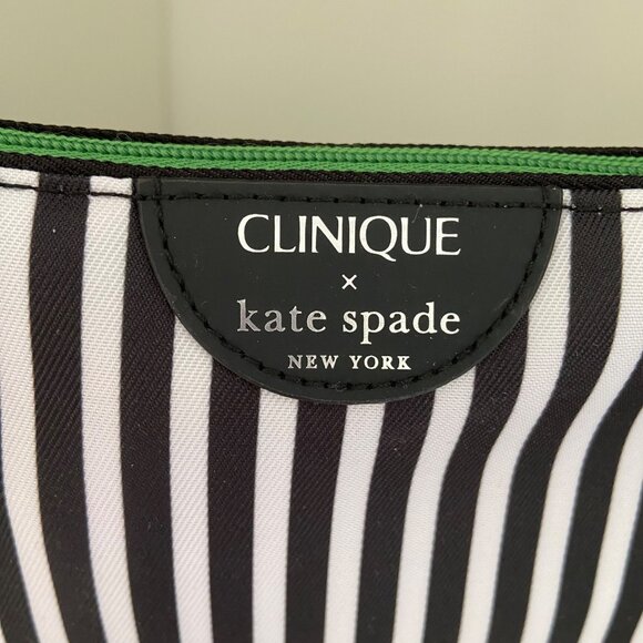 Clinique X Kate Spade Cosmetic Bag Black & White Stripes Green Polka Dots Zipper - Picture 2 of 10